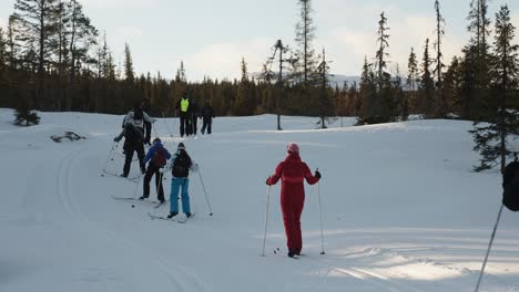 Group-of-cross-country-skiers-going-uphill-following-the-track-on-beautiful-hike-through-the-landscape-on-a-sunny-winter-day-in-Norway