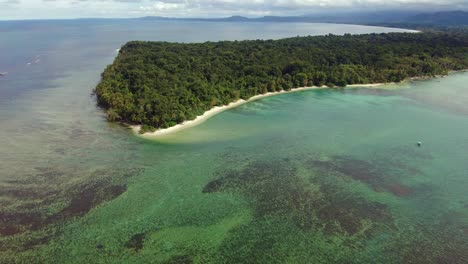 Tropical-palm-forests-line-golden-beaches,-beautiful-coral-reefs,-Cahuita,-Costa-Rica,-aerial-panorama