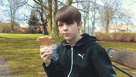 Caucasian-Young-Boy-Eating-Sandwich-Outdoors-And-Drinking-Energy-Drink