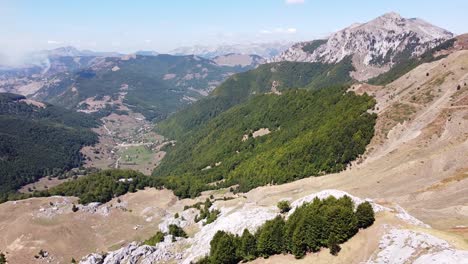 Panorama-Mountain-Landscape-and-Lepushe-Valley-in-Prokletije-National-Park,-Montenegro-and-Albania---Aerial