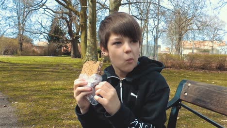 Young-Caucasian-Boy-Eating-Sandwich-Outdoors-Drinking-Monster-Energy-Drink