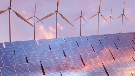 Pattern-of-Solar-panels-and-wind-turbines-with-reflections-of-beautiful-evening-sunset-sky-3d-rendering-looping-animation