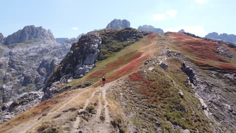 Woman-Hikes-a-Mountain-Ridge-in-Prokletije-National-Park,-Montenegro---Aerial-Circling-Dolly