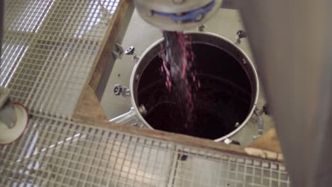 Crushed-grapes-falling-into-a-stainless-steel-wine-tank,-fermentation-process