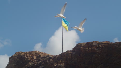 Die-Nationalflagge-Der-Ukraine-Auf-Felsen,-Die-Im-Wind-Wehen,-Während-Ein-Möwenpaar-Davonfliegt---Statische-Zeitlupe