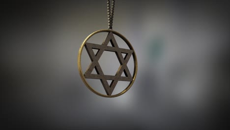High-quality-close-up-render-of-a-shiny-gold-circular-Star-of-David-pendant,-swinging-slowly-on-the-end-of-a-neck-chain,-with-super-shallow-depth-of-field-abd-bokeh-background