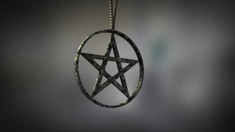 High-quality-close-up-render-of-a-polished-carved-marble-circular-pentacle-amulet,-swinging-slowly-on-the-end-of-a-neck-chain,-with-super-shallow-depth-of-field-abd-bokeh-background
