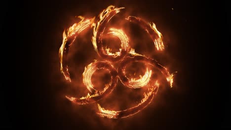 Exciting-and-highly-emotive-reveal-animation-of-the-Devil's-666-sigil-emblem,-in-roaring-flames,-burning-embers-and-sparks,-on-a-smokey,-glowing-black-background