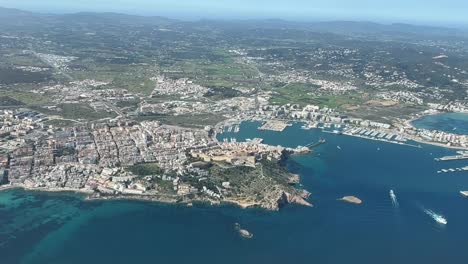 Aerial-view-of-Ibiza-city-,-from-a-cockpit-during-daylight
