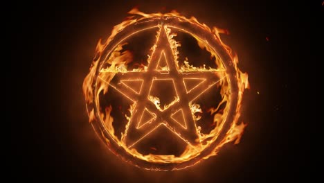 Exciting-and-highly-emotive-reveal-animation-of-the-pagan-pentacle-symbol-in-a-circle,-in-roaring-flames,-burning-embers-and-sparks,-on-a-smokey,-glowing-black-background