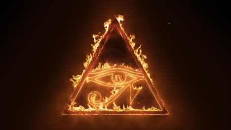Exciting-and-highly-emotive-reveal-animation-of-the-Egyptian-All-Seeing-Eye-of-Horus-symbol,-in-roaring-flames,-burning-embers-and-sparks,-on-a-smokey,-glowing-black-background