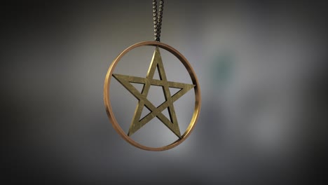 High-quality-close-up-render-of-a-shiny-gold-circular-pentacle-amulet,-swinging-slowly-on-the-end-of-a-neck-chain,-with-super-shallow-depth-of-field-abd-bokeh-background