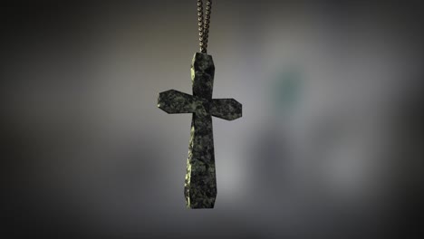 High-quality-close-up-render-of-a-shiny-carved-marble-Christian-Crucifix-artifact-swinging-slowly-on-the-end-of-a-neck-chain,-with-super-shallow-depth-of-field-abd-bokeh-background