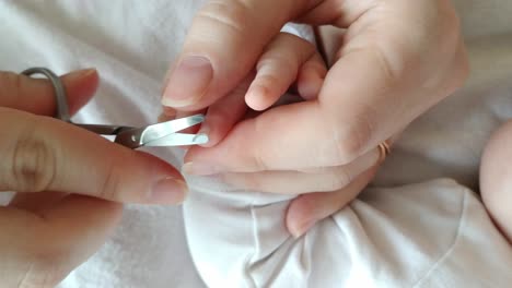 Cutting-baby-infant-newborn-nails-in-bed,-father-mother-hands-using-scissors-to-trim-son's-finger-nails,-top-view-handheld,-interior,-day