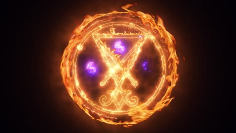 Exciting-and-highly-emotive-reveal-animation-of-Lucifier's-sigil-symbol,-with-sinister-666-emblem-in-roaring-flames,-burning-embers-and-sparks,-on-a-smokey,-glowing-black-background