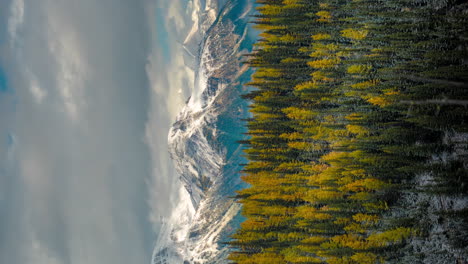 Vertikaler-4k-Zeitraffer,-Farbenfrohe-Landschaft-Im-Herbst,-Lärchen--Und-Nadelwald-Unter-Schneebedeckten-Gipfeln-Und-Wolken