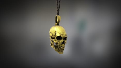 High-quality-close-up-render-of-a-small-shiny-gold-skull-pendant,-swinging-slowly-on-the-end-of-a-neck-chain,-with-super-shallow-depth-of-field-abd-bokeh-background