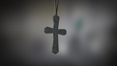 High-quality-close-up-render-of-a-plain-tarnished-pewter-Christian-Crucifix-artifact-swinging-slowly-on-the-end-of-a-neck-chain,-with-super-shallow-depth-of-field-abd-bokeh-background