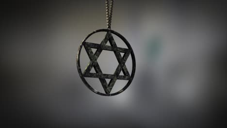 High-quality-close-up-render-of-a-polished-marble-circular-Star-of-David-pendant,-swinging-slowly-on-the-end-of-a-neck-chain,-with-super-shallow-depth-of-field-abd-bokeh-background