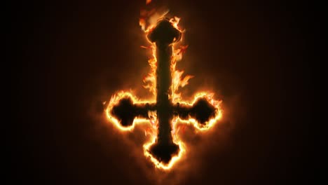 Exciting-and-highly-emotive-reveal-animation-of-an-ornate-inverted-satanic-Crucifix-cross,-in-roaring-flames,-burning-embers-and-sparks,-on-a-smokey,-glowing-black-background