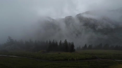 Lapso-De-Tiempo-De-Niebla-Que-Va-Desde-El-Valle-Sobre-Las-Montañas,-Bosque-De-Coníferas