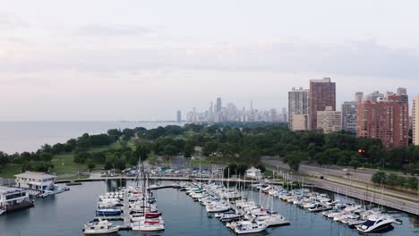 Drone-Flying-Above-Harbor-in-Downtown-Chicago