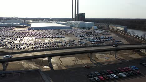 Aerial-low-flying-over-Cars-at-General-Motors-Plant