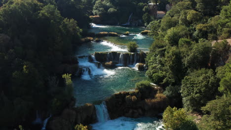 Scenic-Krka-Waterfalls-In-Krka-National-Park,-Croatia---aerial-pullback