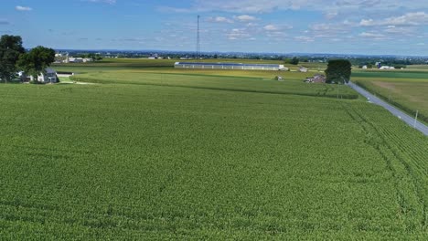 An-Aerial-180-Degree-View-of-Rich-Farmlands-and-Corn-Fields-Along-a-Single-Railroad-Track-on-a-Sunny-Summer-Day