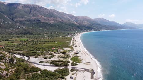 Long-White-Borsh-Beach-along-Beautiful-Coastline-of-Albania---Aerial