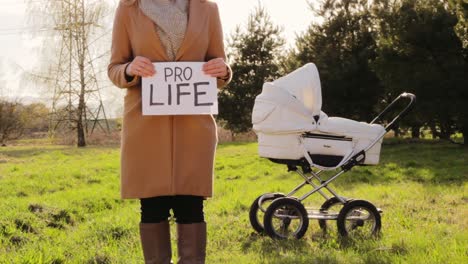 Woman-holding-board-saying-PRO-LIFE-with-baby-trolley-in-background-on-sunny-day