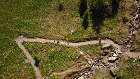 Family-hiking-in-the-swiss-alps-next-to-a-river,-top-view-by-drone