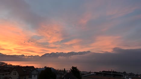 blazing-sunrise-over-lake-leman,-from-Switzerland,-Vaud