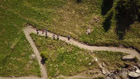 Family-hiking-in-the-swiss-alps,-top-view-by-drone
