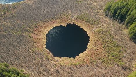 AERIAL:-Rotating-Shot-of-Round-Deep-Blue-Lake-in-Forest