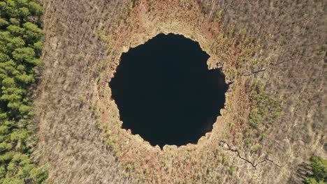 AERIAL:-Top-View-of-Round-Deep-Blue-Lake-in-Forest
