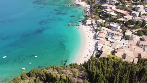 Agios-Nikitas-Beach-and-Village-at-Lefkada-Island,-Greece---Aerial-Reveal