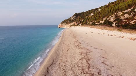 Long-and-Sandy-Milos-Beach-at-Lefkada-Island,-Greece---Aerial