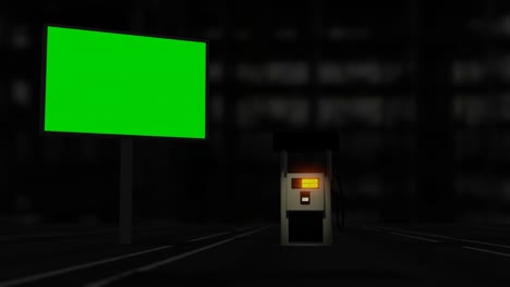 Leeres-Straßenschild-Mit-Grünem-Bildschirm-Und-Tankstellen-Kraftstoffpumpe-3D-Rendering-Animation