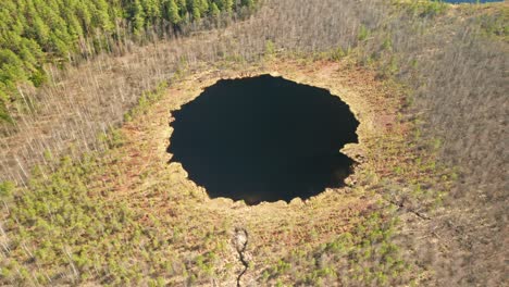AERIAL:-Rotating-Shot-of-Round-Deep-Blue-Lake-in-Forest-on-Sunny-Day