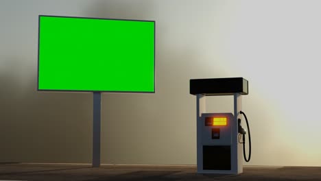 Green-screen-road-sign-and-gas-station-fuel-pump-3d-rendering-animation