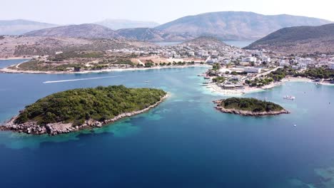 Ksamil-Islands-and-Cityscape,-Albania---Aerial-of-Popular-Holiday-Destination