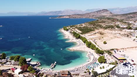 Ksamil-Beach,-Albania---Aerial-of-Beautiful-Coast-and-Holiday-Destination