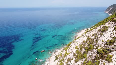 Coastline-with-Steep-Cliffs-and-Blue-Ionian-Sea-at-Lefkada-Island,-Greece---Aerial