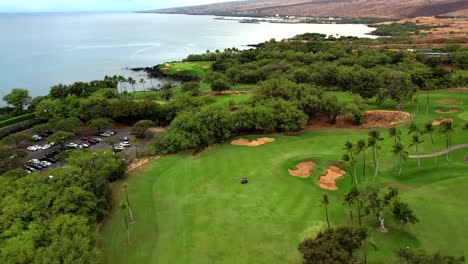 Aerial-Drone-Over-Beachside-Green-Championship-Manua-Kea-Golf-Course-With-Ocean-Views-In-Hawaii
