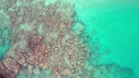 Aerial-Birds-Eye-View-Over-Clear-Turquoise-Ocean-With-Close-Up-Of-Lava-Rocks-In-Hawaiian-Bay