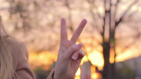 Woman's-hands-raising-two-fingers-up,-sign-of-peace-victory,-letter-V,-outdoor