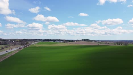 Luftaufnahme-Von-Ackerlandfeldern-Im-Ländlichen-Ontario-Mit-üppigen-Grünen-Ernten-Und-Sanften-Hügeln-Mit-Blauem-Himmel