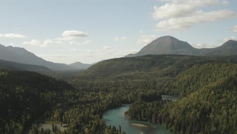 Paisaje-Aéreo-Montañas-De-Alaska-Con-Bosque-De-Pinos-Verdes-Salvajes-Durante-Un-Día-Soleado