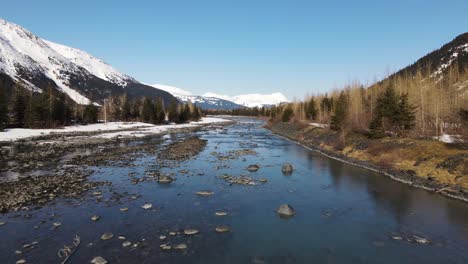 4K-drone-pulling-back-over-a-creek-showing-rocks-trees-mountains-and-blue-sky-in-Alaska